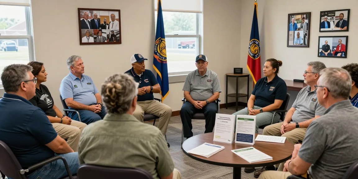 Veteran advocacy services support group session at community center.