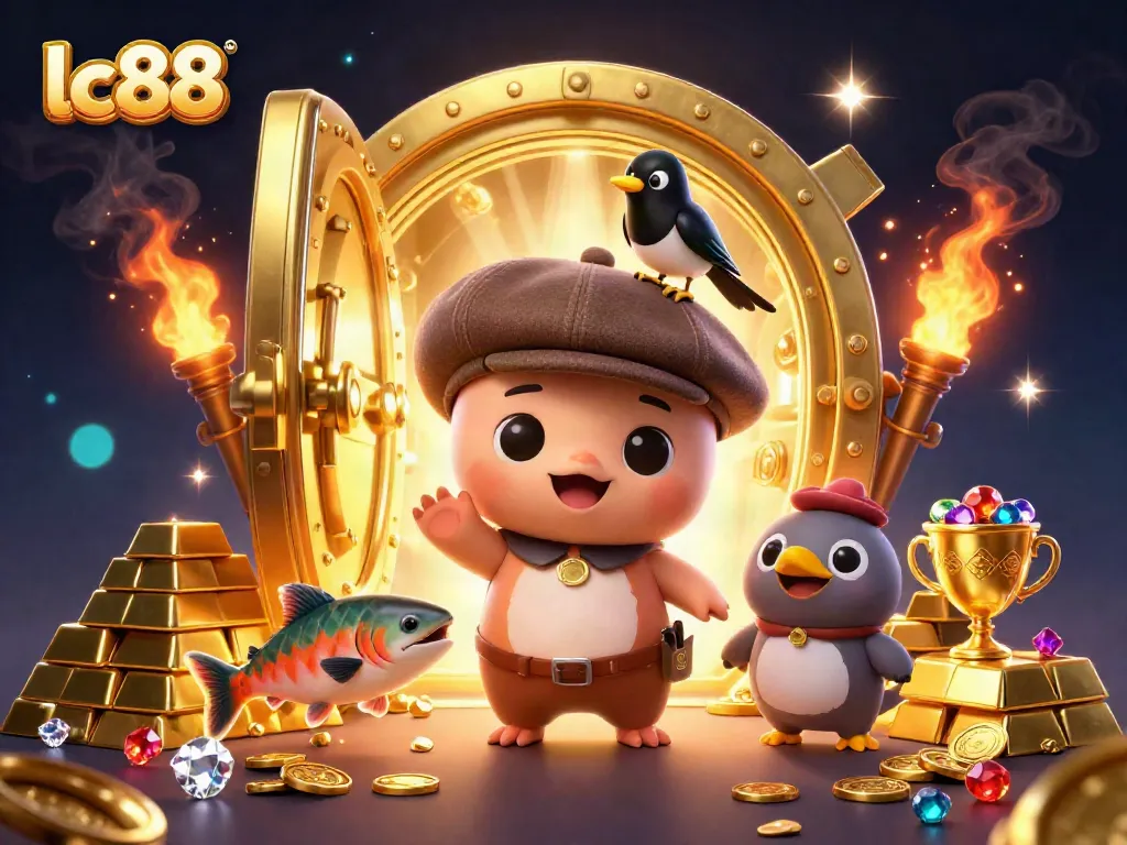 A lively lc88 casino scene featuring Nessie and friends discovering a treasure trove of gold and jewels.