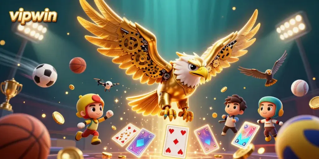 Experience thrilling moments at vipwin, with a golden eagle soaring through holographic playing cards.