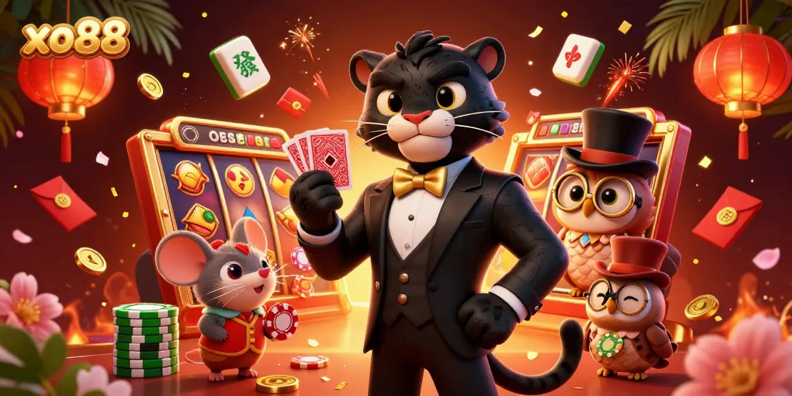 Experience thrilling gameplay with xo88 featuring a tuxedo-wearing panther, an owl with poker chips, and a lucky mouse in a vibrant casino scene.