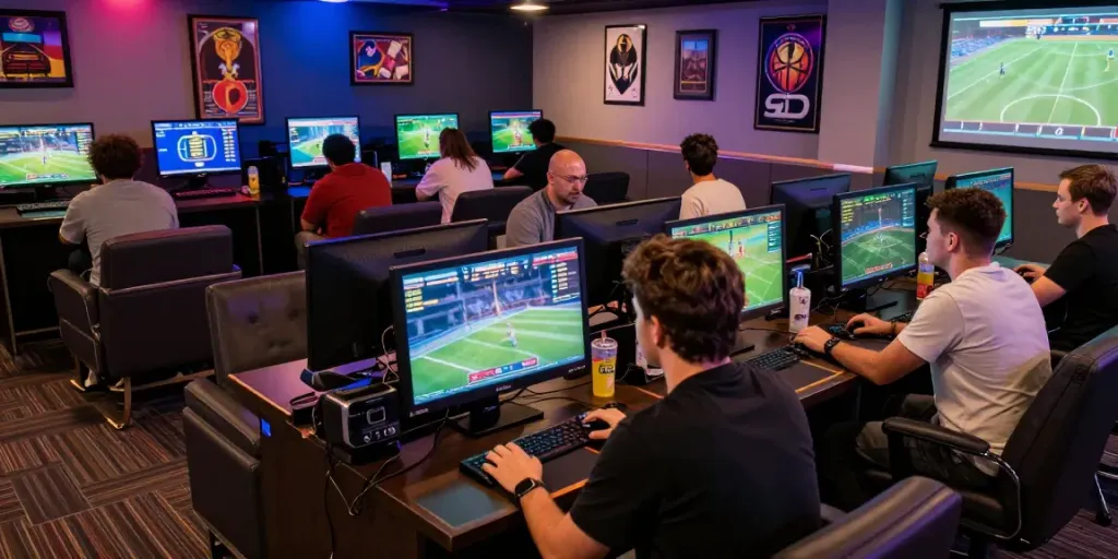 Enthusiastic players at UK88 gaming lounge engaging in sports betting at high-tech terminals.