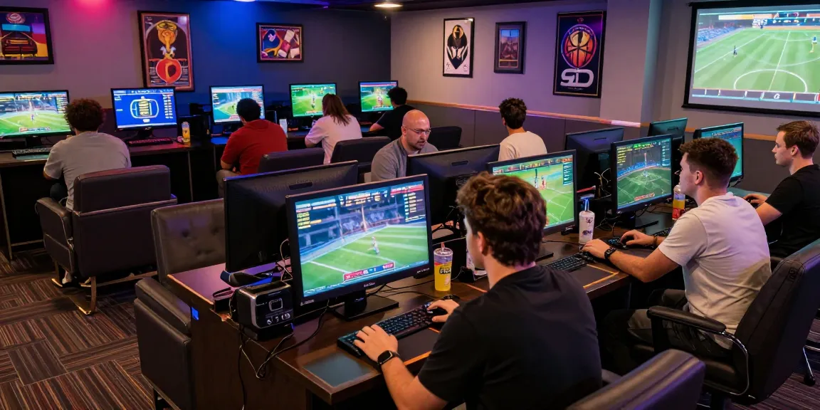Enthusiastic players at UK88 gaming lounge engaging in sports betting at high-tech terminals.