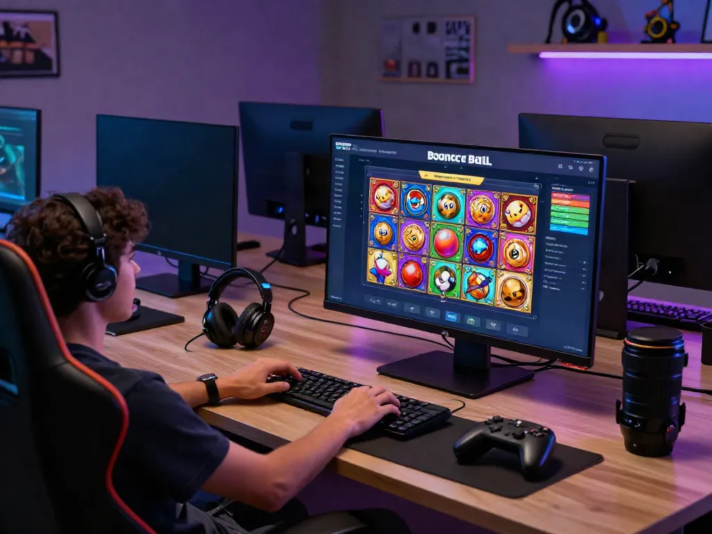 GGSOFT Bounce Ball slot game interface engaging a player in a vibrant gaming setup.