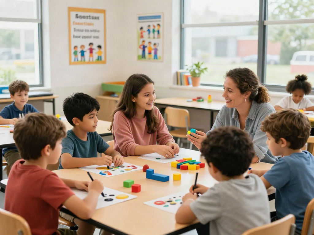 Engaging classroom for high functioning autism school Burlington, children collaborating with educational materials.