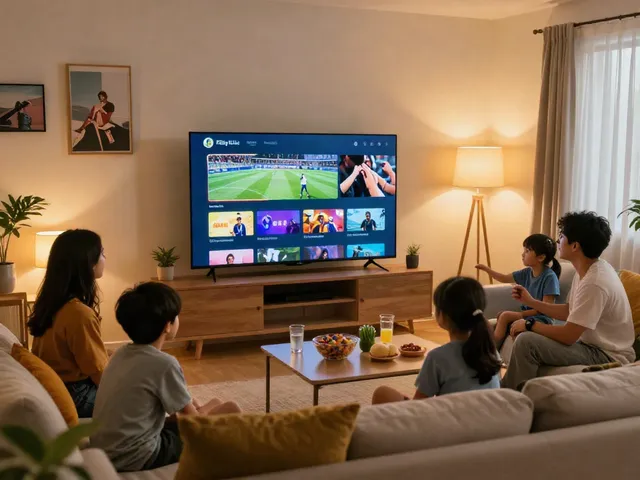 Cozy living room setup with FilmyZilla app streaming live sports and movies on smart TV.