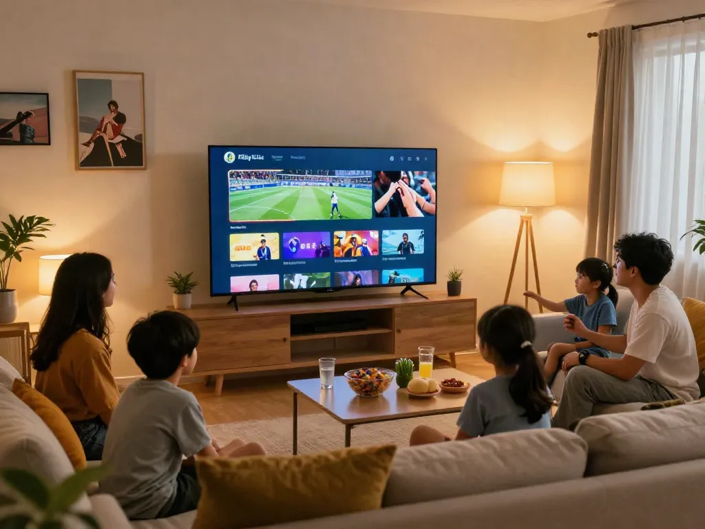 Cozy living room setup with FilmyZilla app streaming live sports and movies on smart TV.