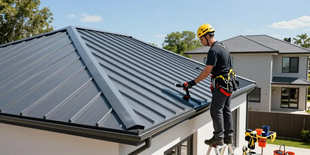 Ontario Roof Installers inspecting a modern standing seam metal roof with tools on site.
