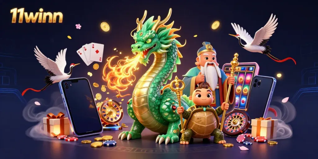 Experience thrilling gameplay with 11winn's vibrant casino scene showcasing fantasy elements like dragons and lucky cranes.