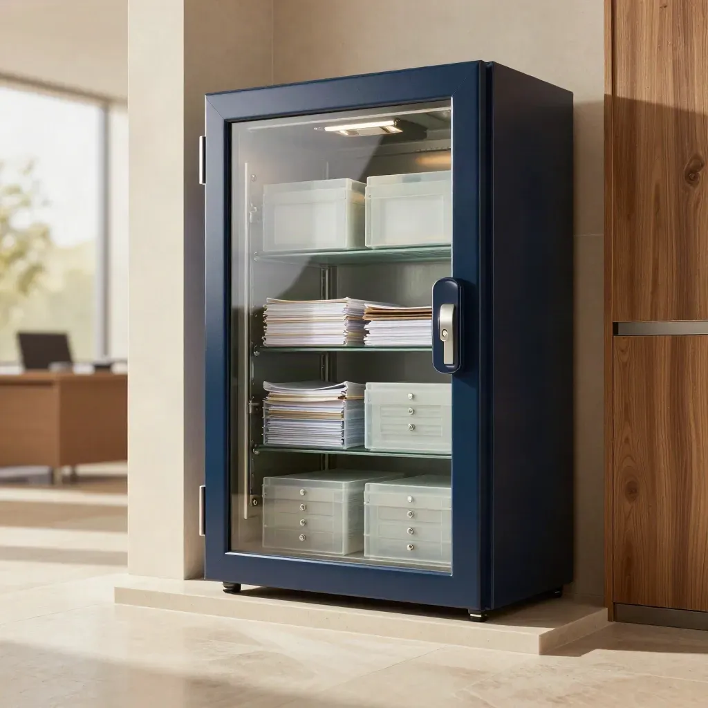 Glass client vault closing over secure folders with a glowing access latch in a modern office.