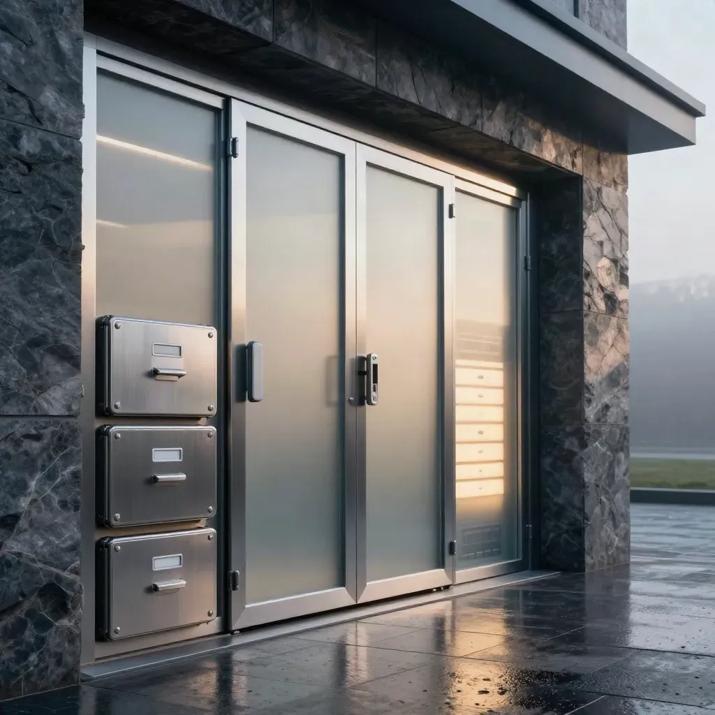 Secure portal suite with frosted glass doors, glowing server cabinet, and sealed cases in moody light.