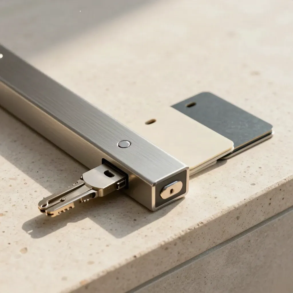 Modular lock rail with three keyed modules and credential tokens on travertine