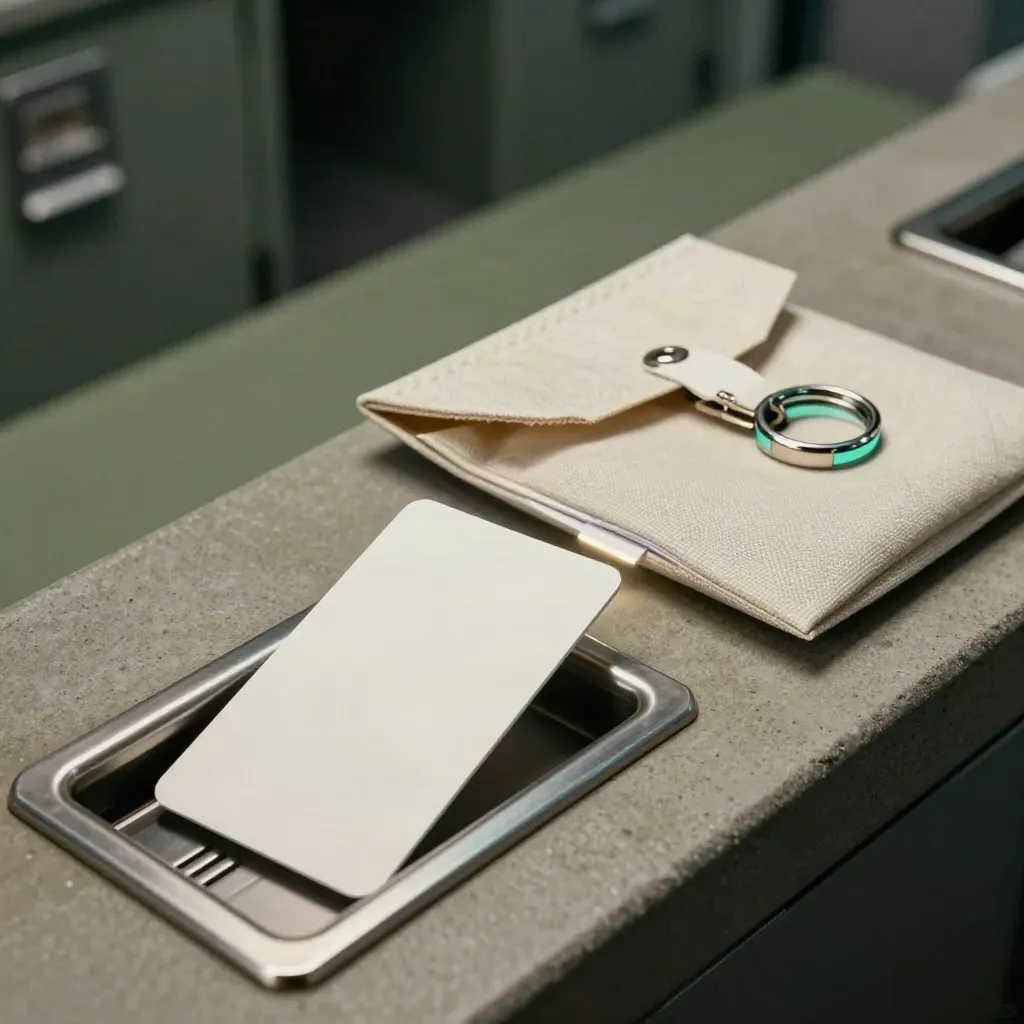 Blank credential cards, sealed welcome pouch, and magnetic tray in a secure onboarding sequence.