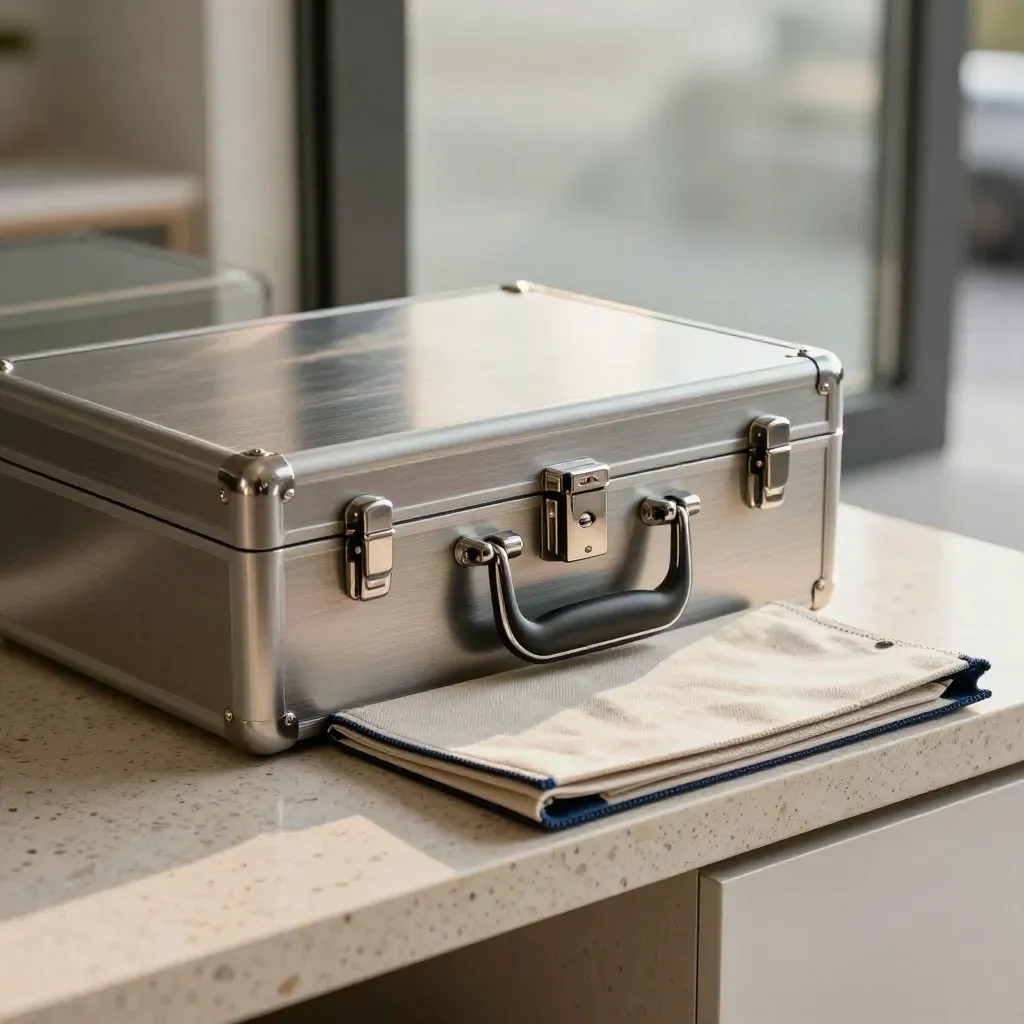 Secure metal delivery case with vault token and lined sleeve on a travertine shelf in warm light.