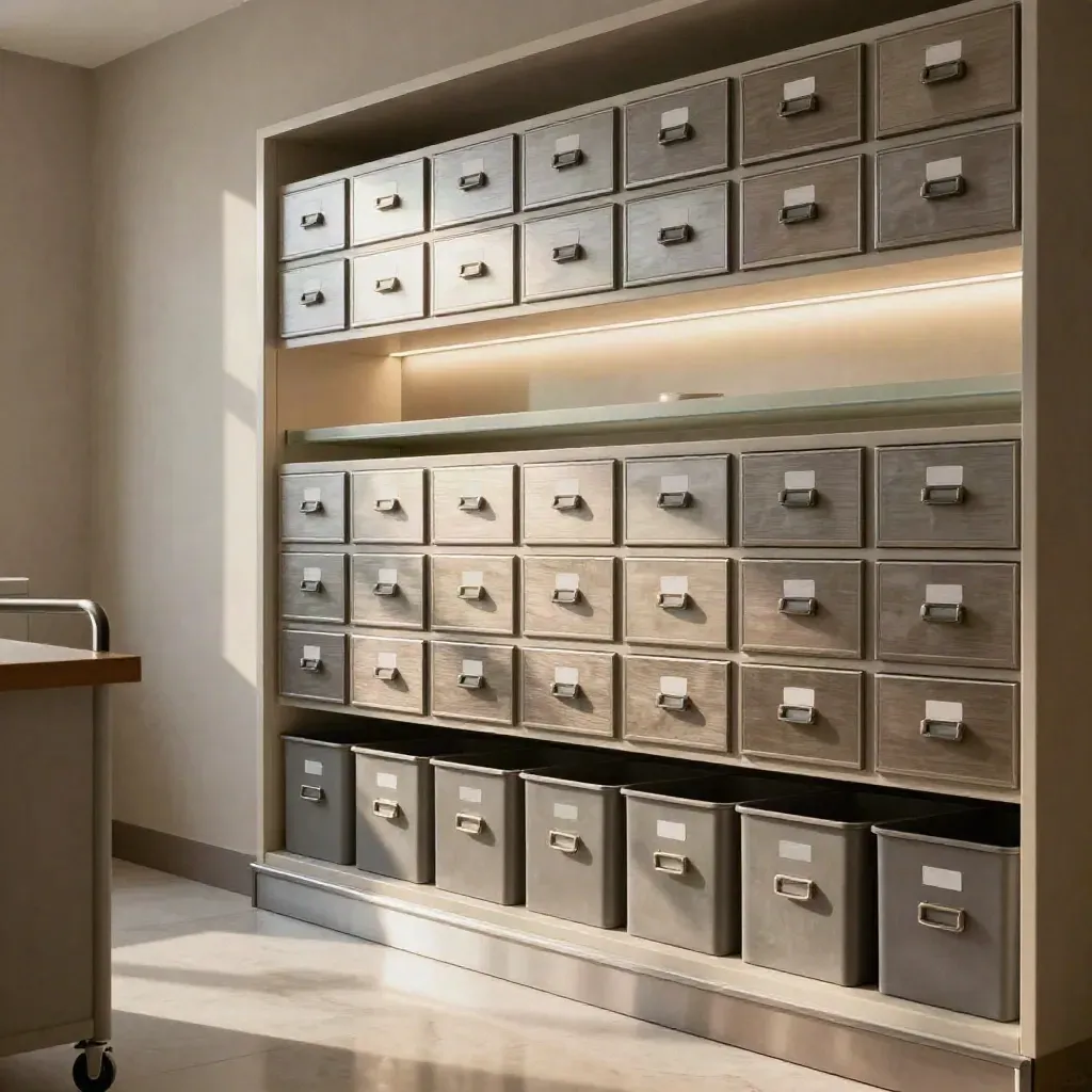 Clinic records alcove with lockable drawers, frosted shelf, and sealed archive bins in warm light