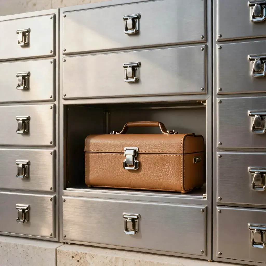 Monumental legal lockbox wall with a tan courier case in a secure handoff cradle.