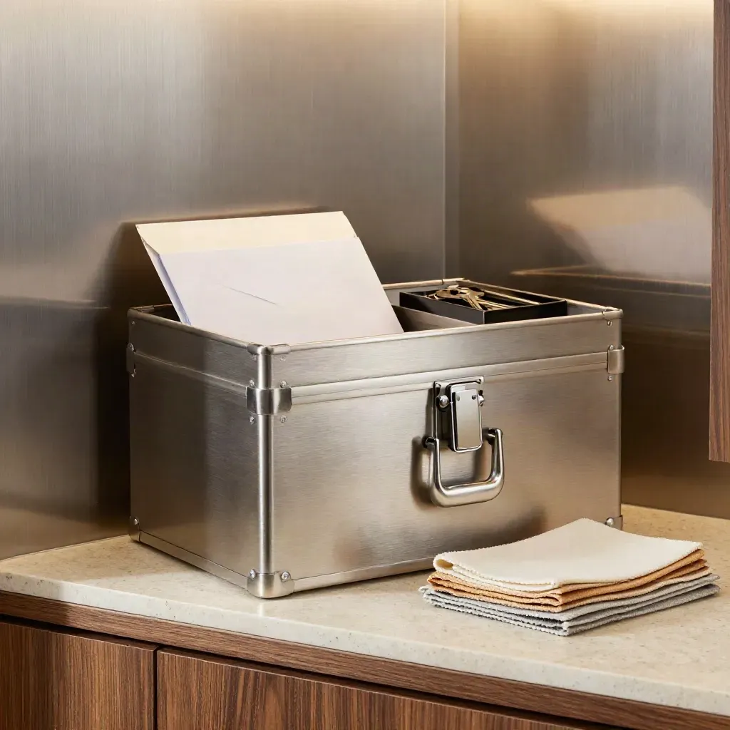 Brushed-pewter lockbox with sealed vendor envelopes, key tray, and fabric swatches in moody light.