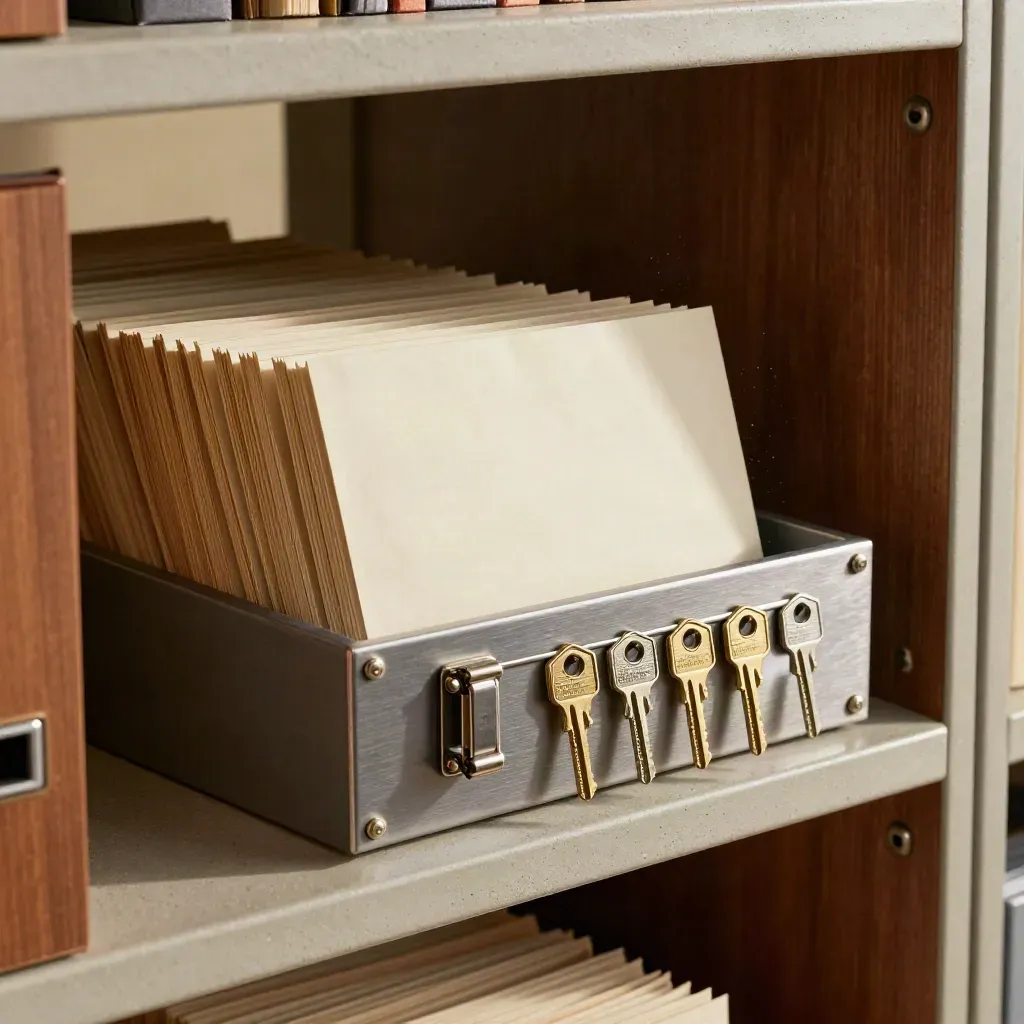 Secure archive sleeves, locked drive cradle and backup keys on a concrete shelf.