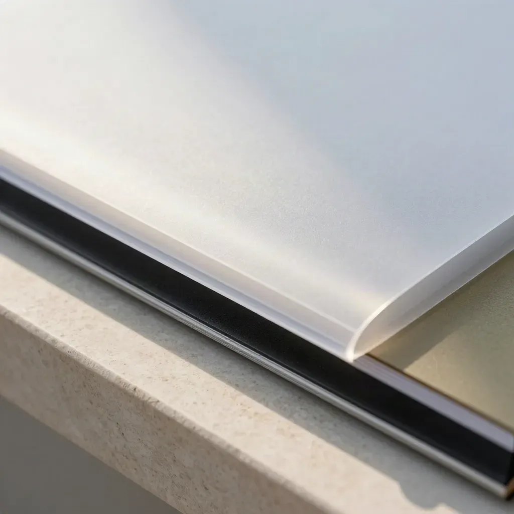 Macro of frosted privacy film, sealed sleeve edges, and matte black strip in soft raking light.