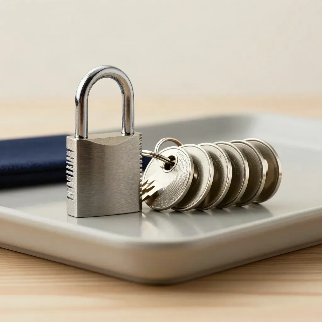 Lock cylinder, three key rings, and permission tokens on pale ash wood with soft side light.
