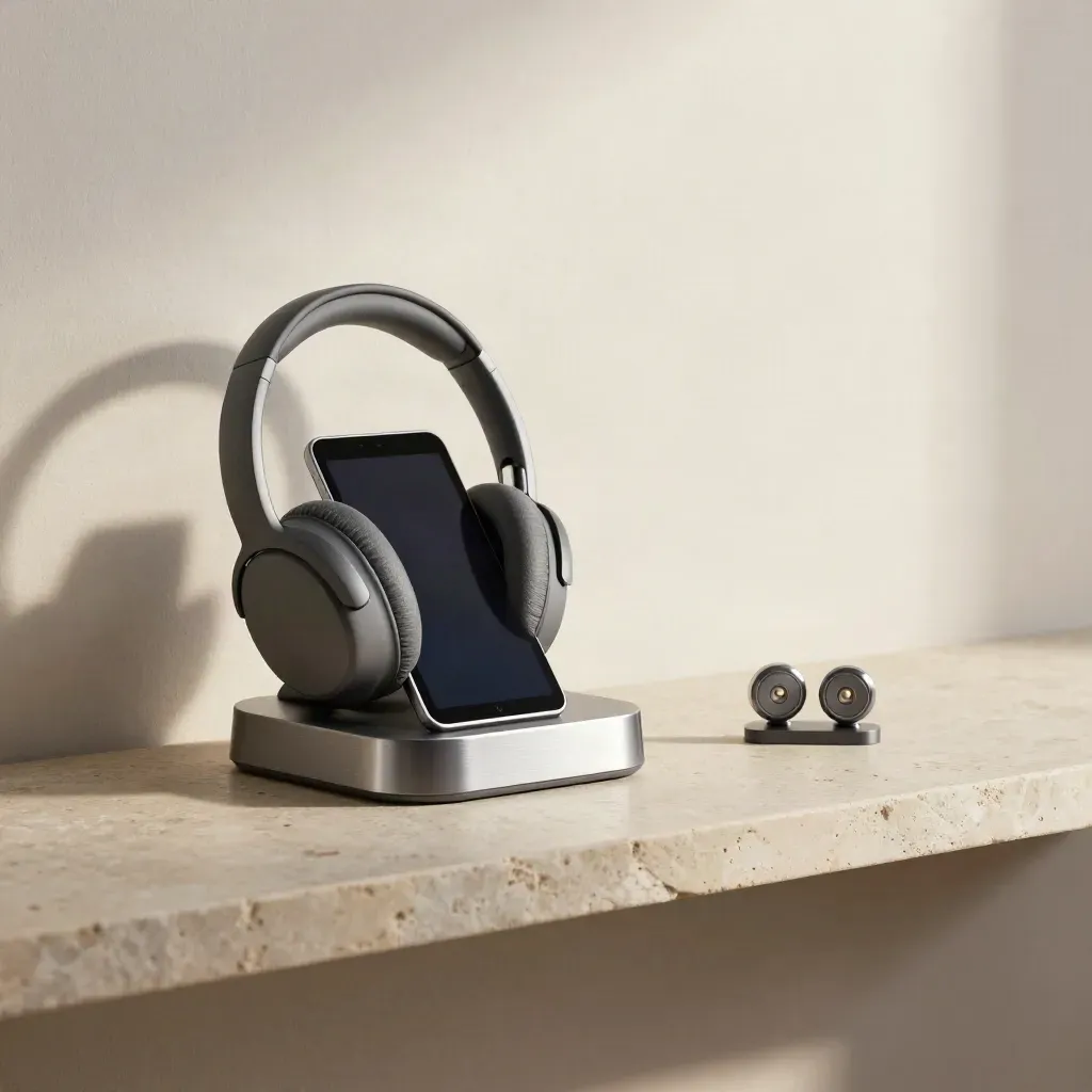 Headset dock, tablet and token stand on a stone shelf with soft side light.