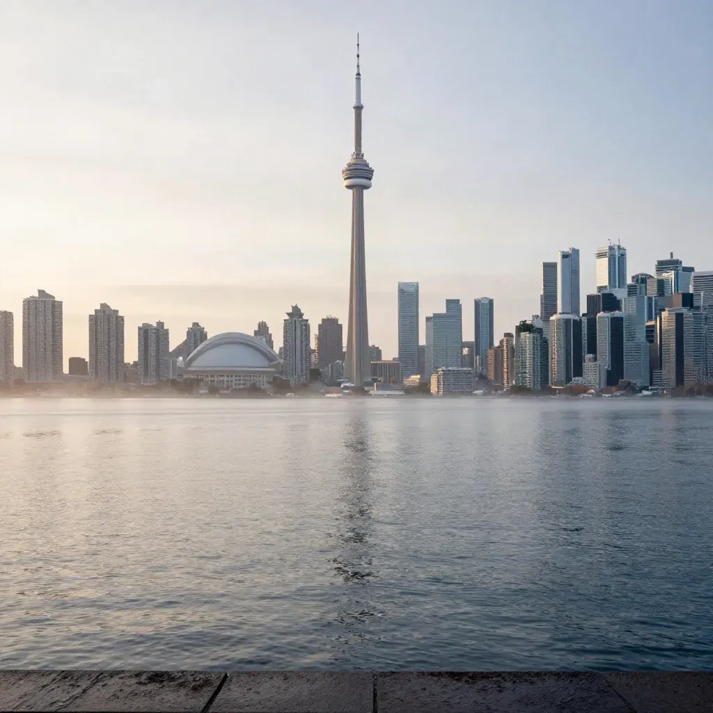 Toronto skyline over hazy harbour from a lakeshore overlook, CN Tower high above calm water.
