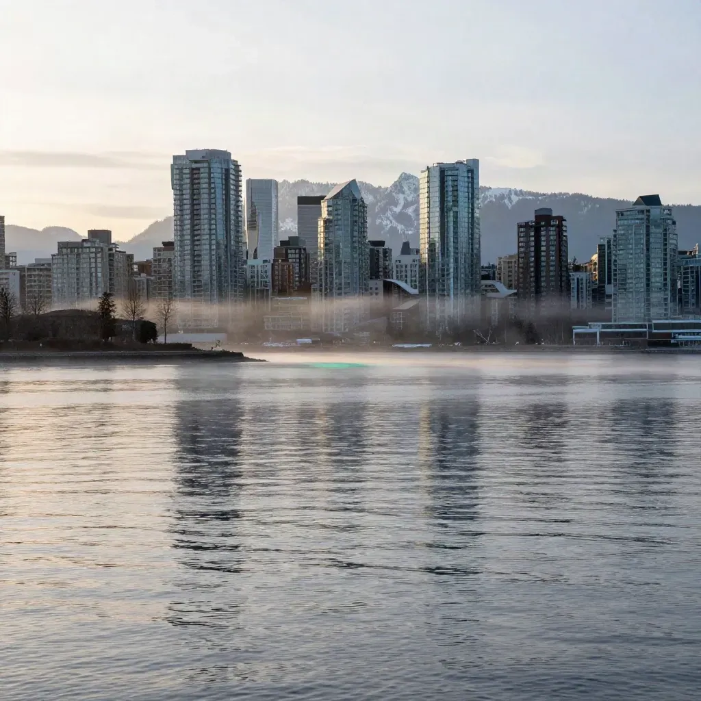 Vancouver skyline and mountains above a misty inlet at dawn, with calm water below.