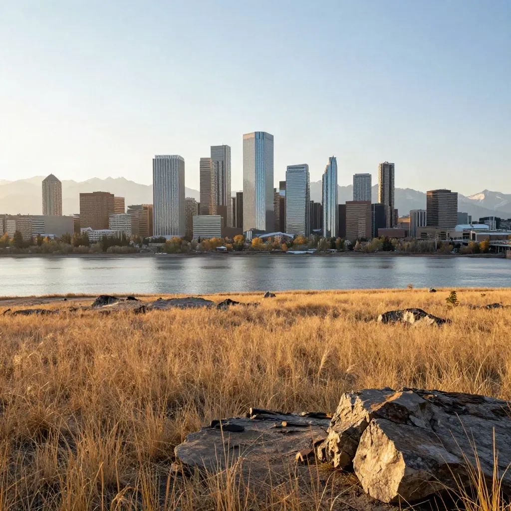 Calgary skyline above prairie grass with hazy Rockies at golden hour
