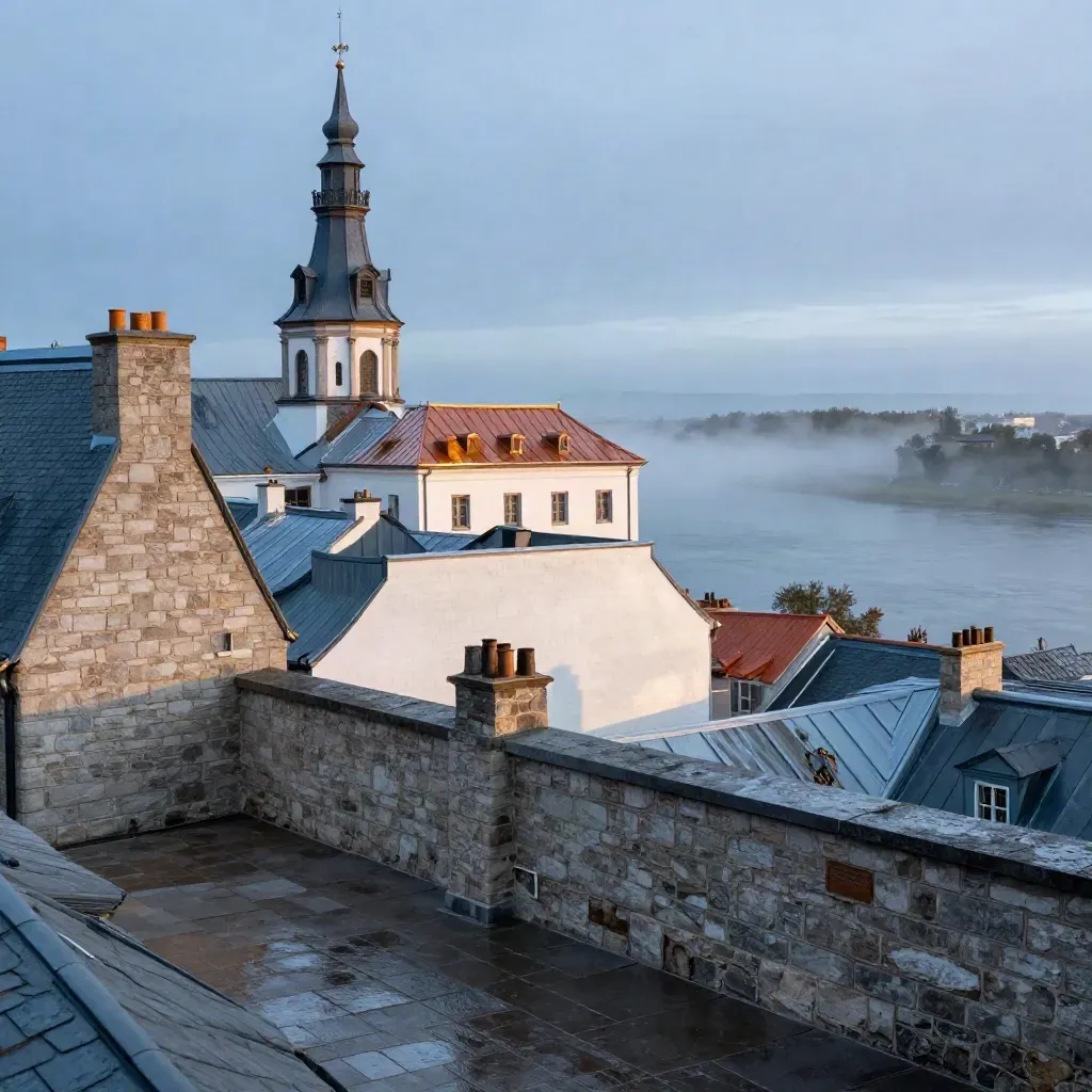Quebec rooftops above the St. Lawrence at blue hour with mist and calm water
