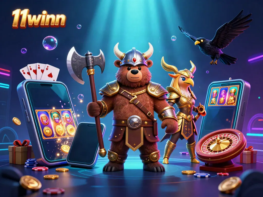 Experience thrilling 11winn gameplay with characters amid vibrant slot games and casino elements.